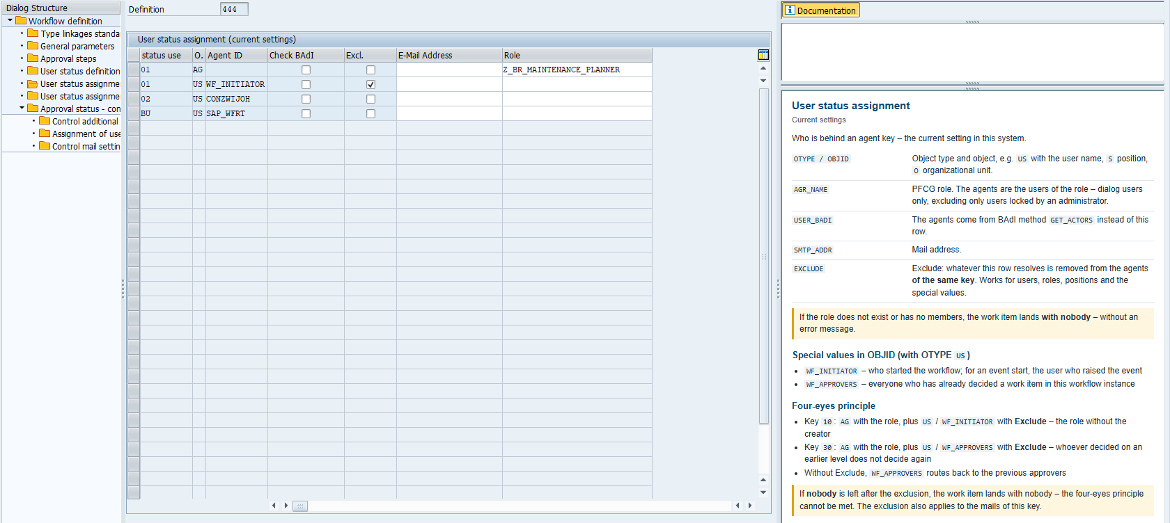 Maintenance dialog, agents with the exclude column