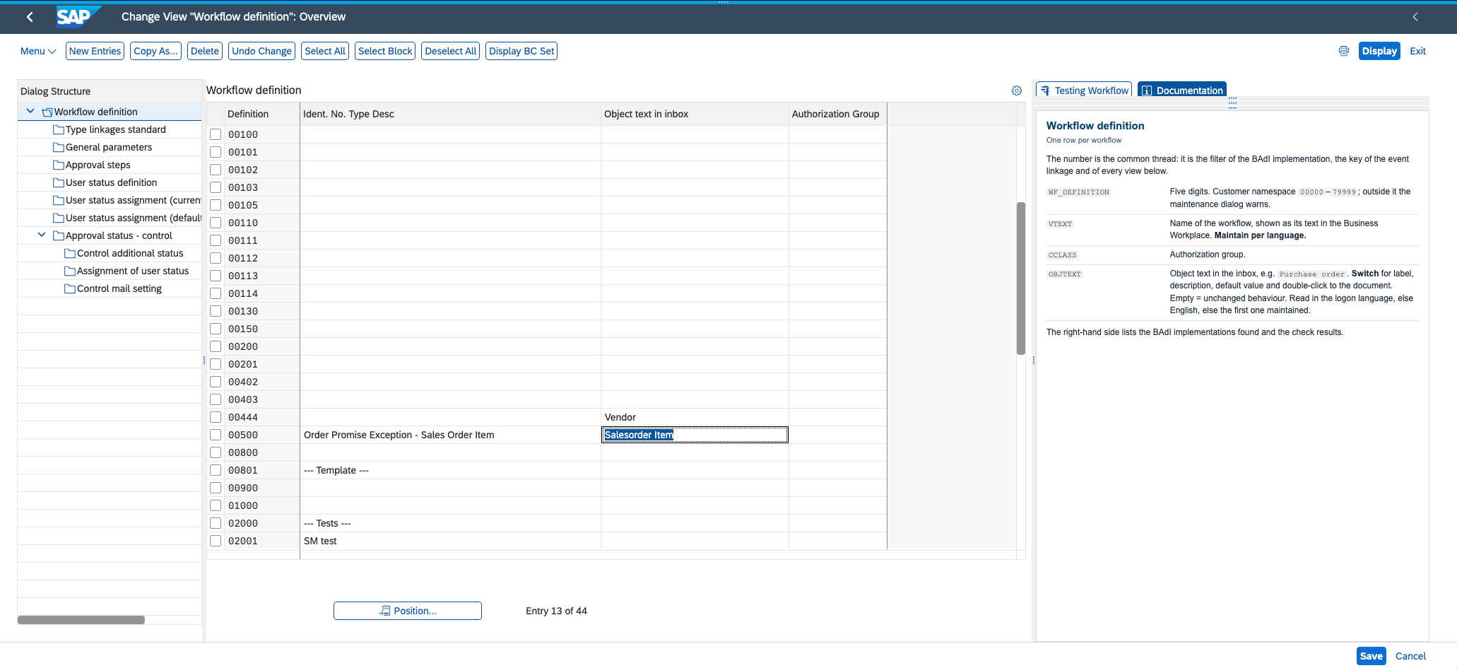 Maintenance dialog, workflow definition with object text
