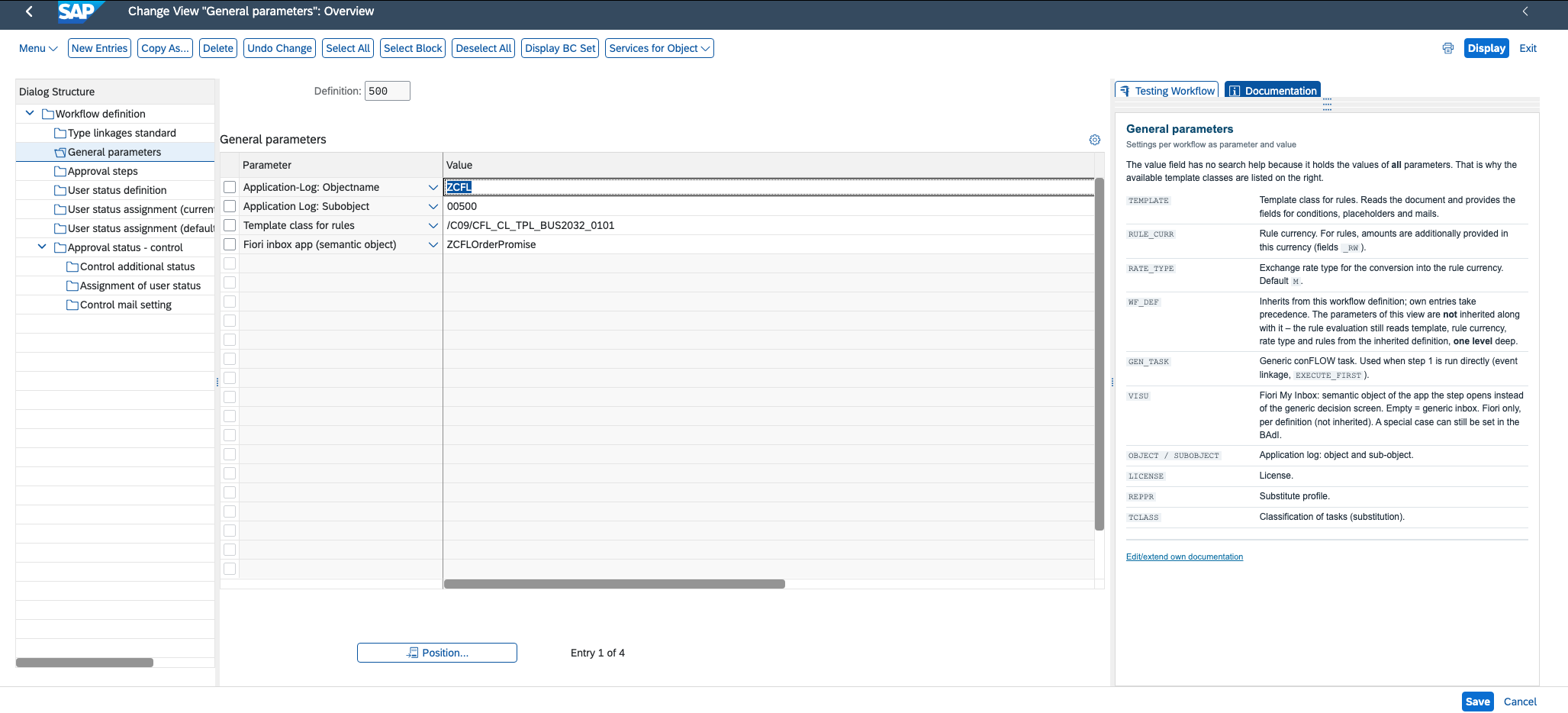 Maintenance dialog, general parameters with the template