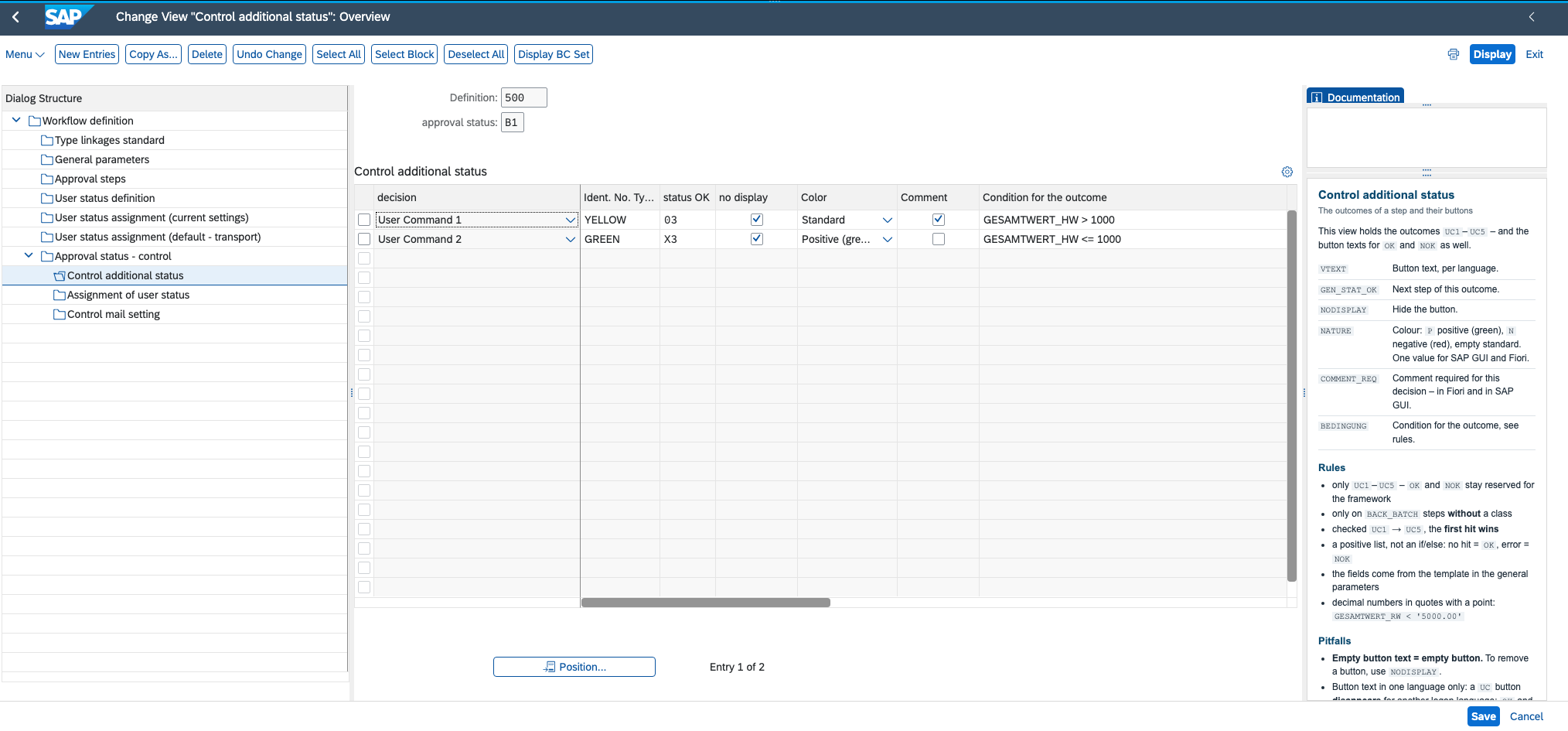 Maintenance dialog, additional status with conditions