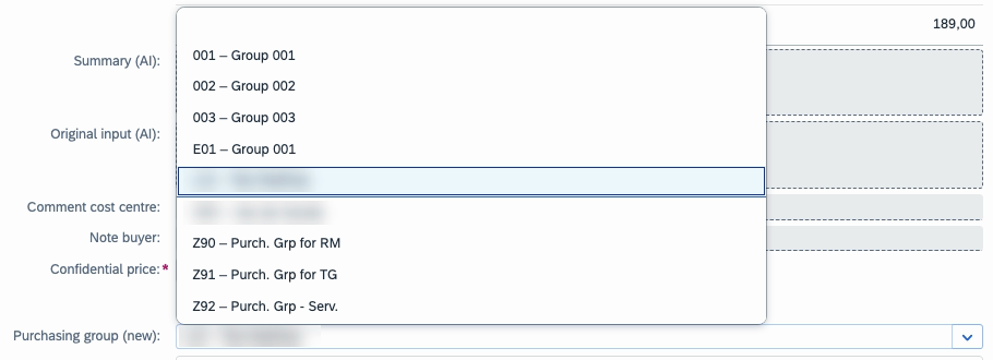 The purchasing group as a value list from the check table