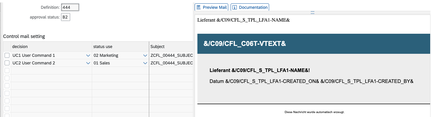 Mail control with preview in the maintenance dialog