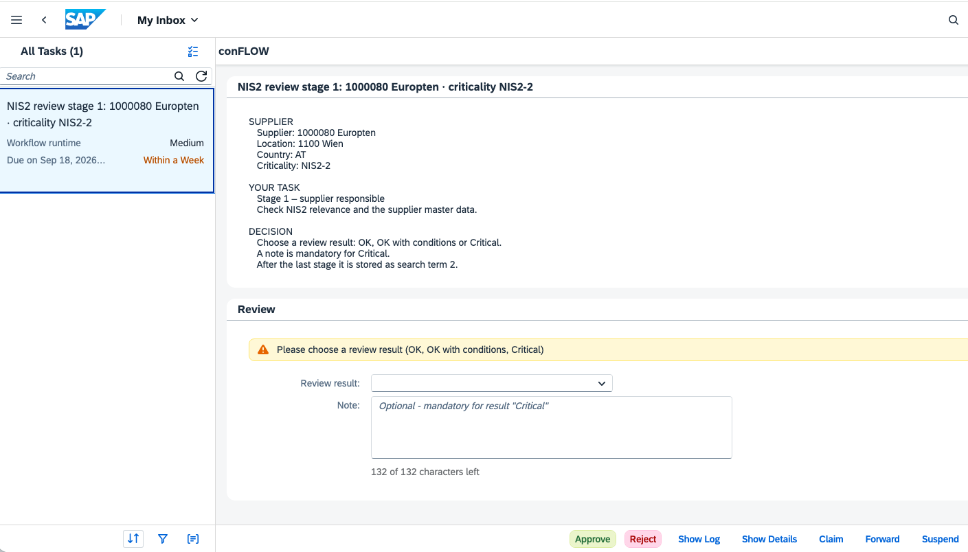 Fiori My Inbox with the task and the review app