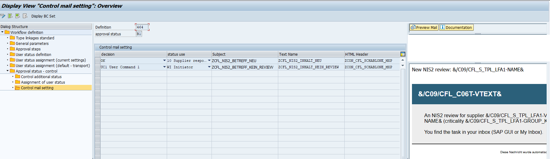 Maintenance dialog: email rules with preview