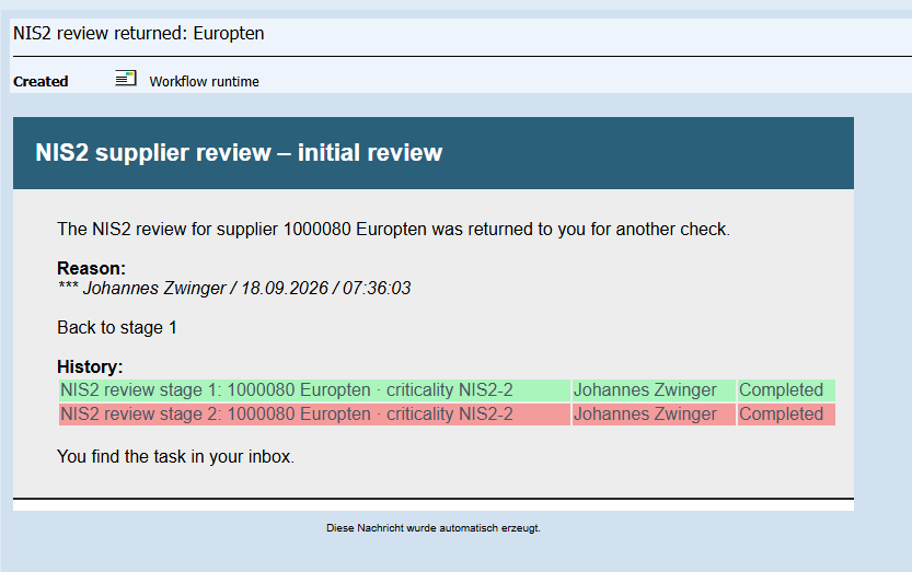 Email: review returned, with reason and history