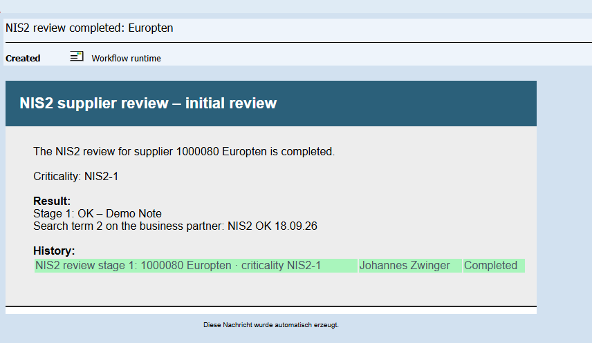 Completion email with result per stage and history