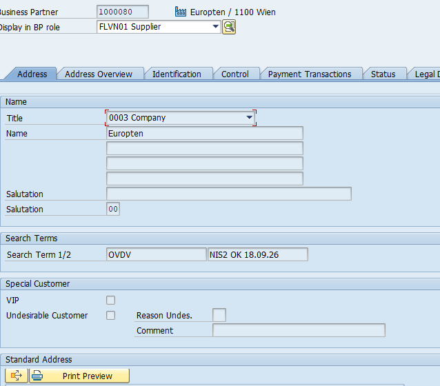 Business partner with search term 2 set to NIS2 OK